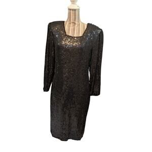 80's Vintage The Silk Collection Black Silk Beaded /Sequin Cocktail Dress Size S
